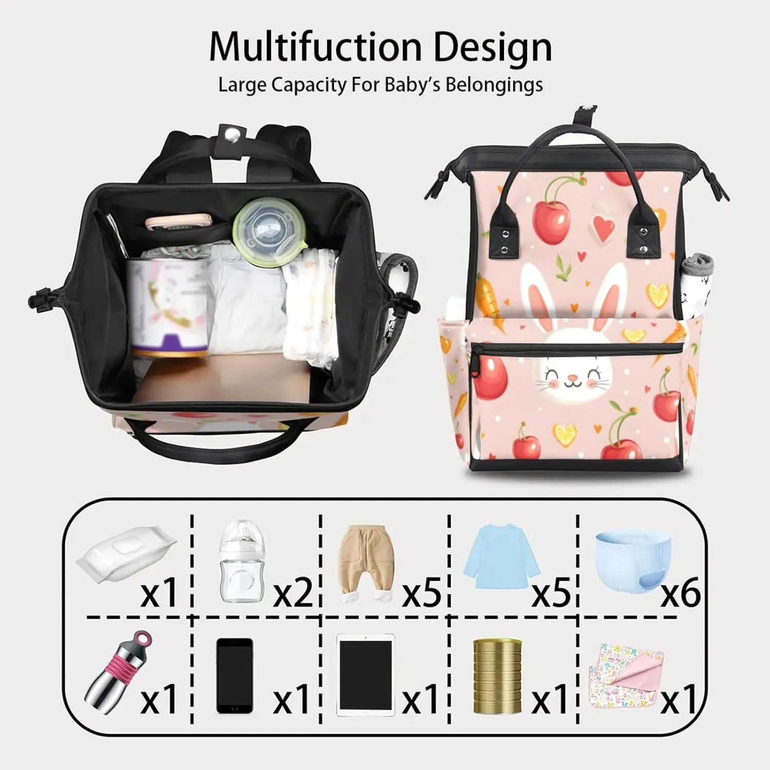 Tavisto Pink Bunny Delights Double Shoulder Mommy Bag for Women, Polyester Large Capacity Diaper Backpack with Multi Pockets, Waterproof Adjustable Straps Diaper Bag for Moms Dads, 11''×7''×15.7''