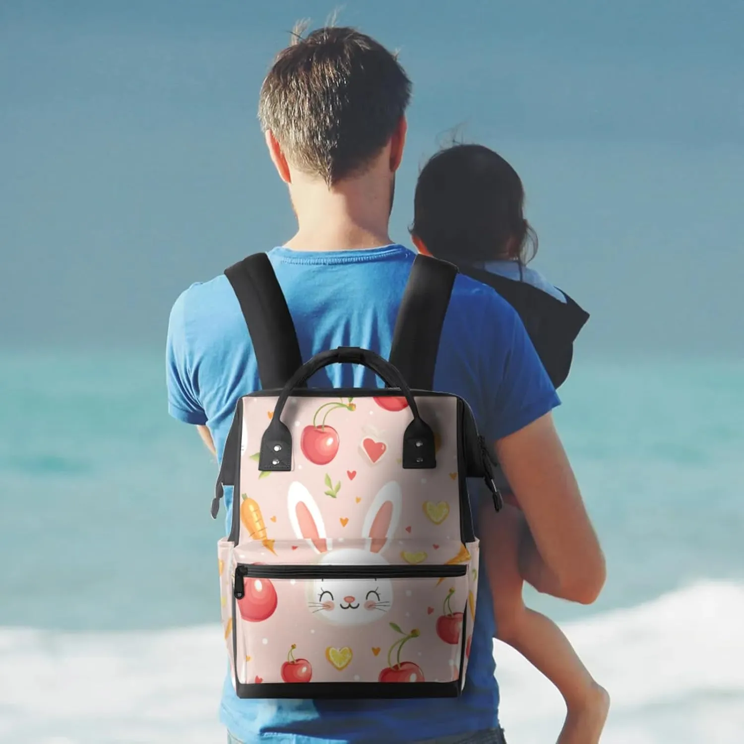 Tavisto Pink Bunny Delights Double Shoulder Mommy Bag for Women, Polyester Large Capacity Diaper Backpack with Multi Pockets, Waterproof Adjustable Straps Diaper Bag for Moms Dads, 11''×7''×15.7''