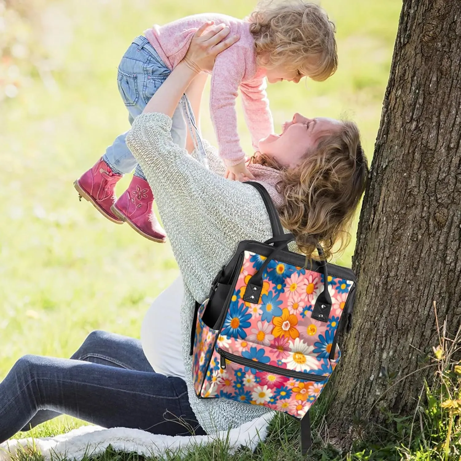 Tavisto Retro Floral Blast Double Shoulder Mommy Bag for Women, Polyester Large Capacity Diaper Backpack with Multi Pockets, Waterproof Adjustable Straps Diaper Bag for Moms Dads, 11''×7''×15.7''