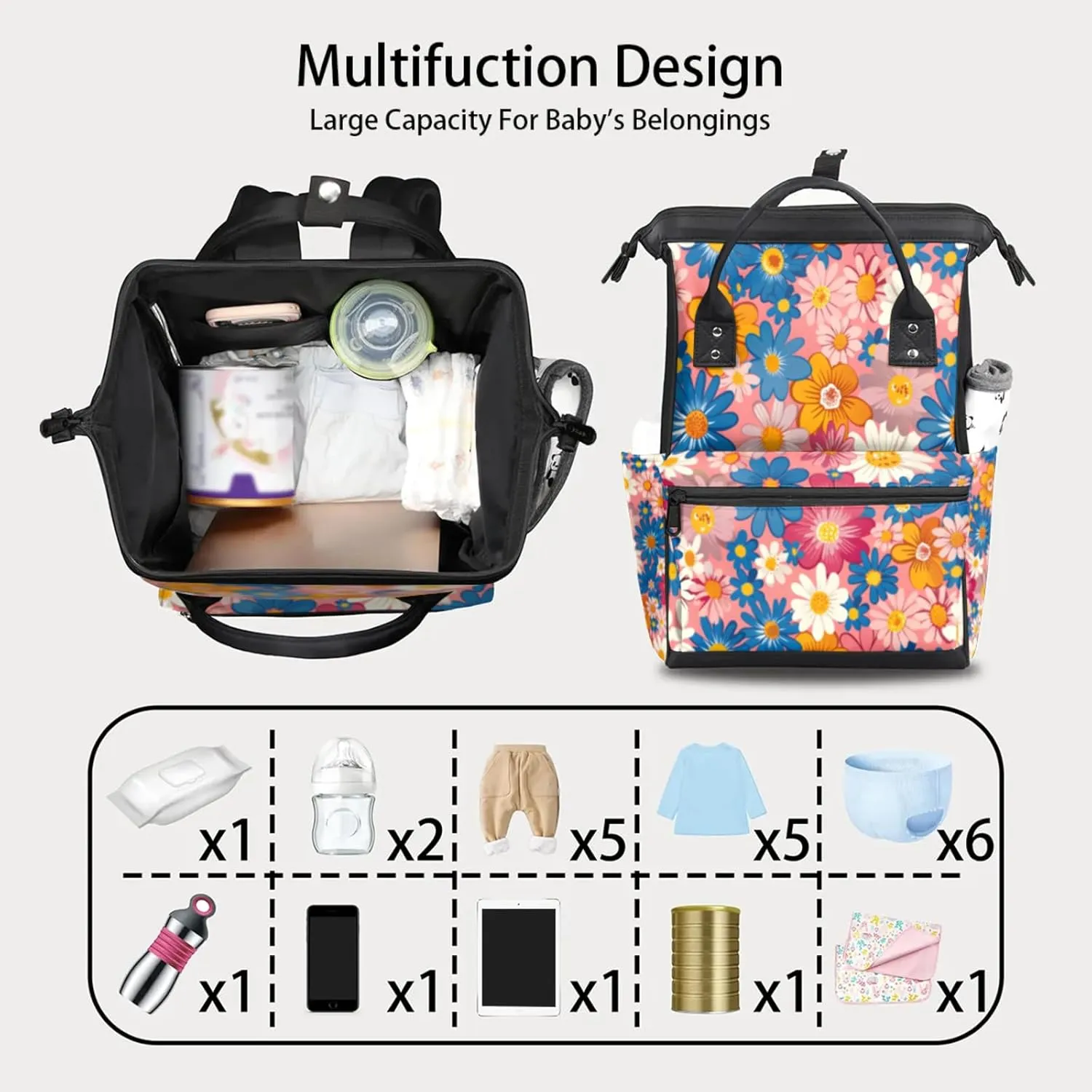 Tavisto Retro Floral Blast Double Shoulder Mommy Bag for Women, Polyester Large Capacity Diaper Backpack with Multi Pockets, Waterproof Adjustable Straps Diaper Bag for Moms Dads, 11''×7''×15.7''