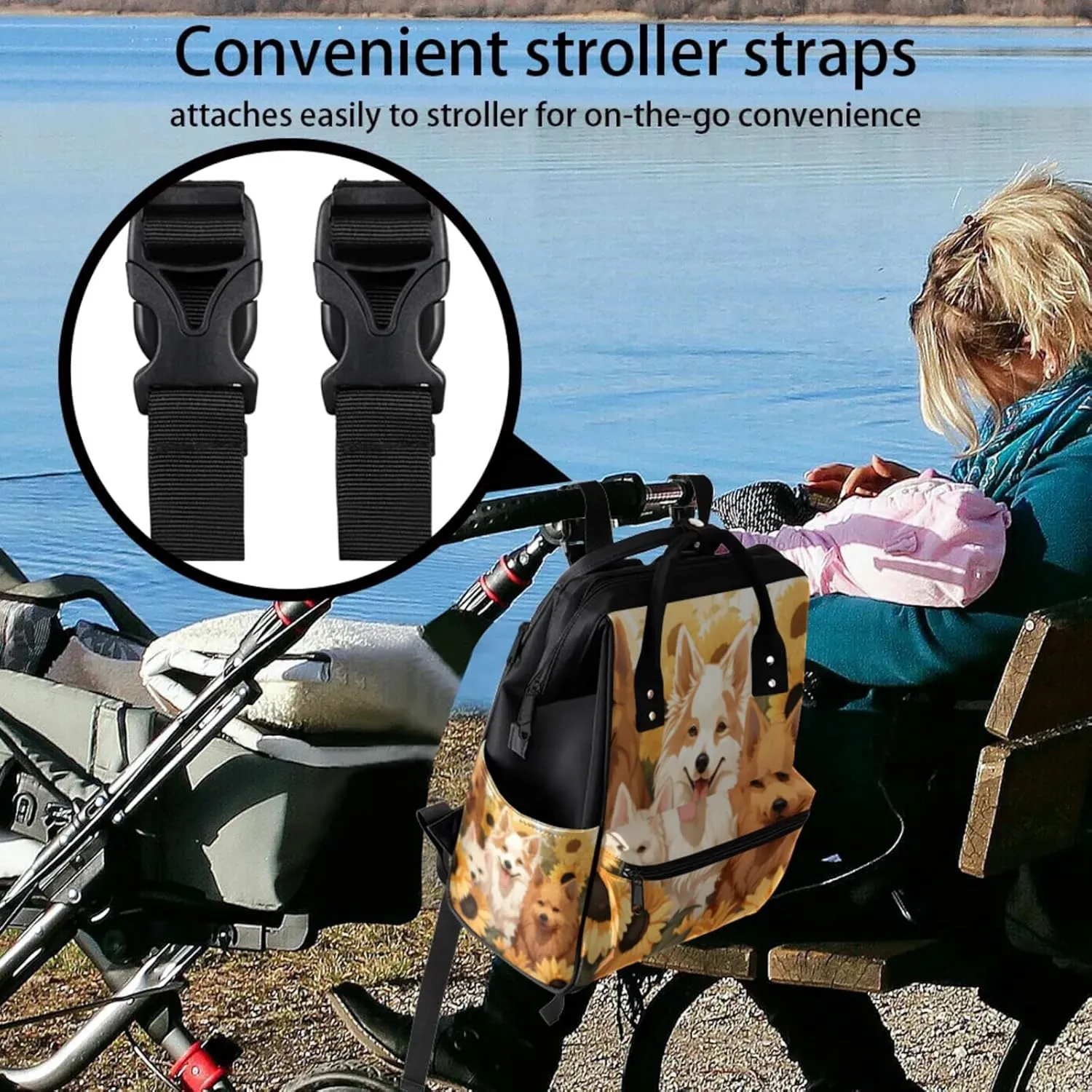 Tavisto Sunflower Pups Double Shoulder Mommy Bag for Women, Polyester Large Capacity Diaper Backpack with Multi Pockets, Waterproof Adjustable Straps Diaper Bag for Moms Dads, 11''×7''×15.7''