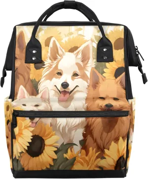 Tavisto Sunflower Pups Double Shoulder Mommy Bag for Women, Polyester Large Capacity Diaper Backpack with Multi Pockets, Waterproof Adjustable Straps Diaper Bag for Moms Dads, 11''×7''×15.7''