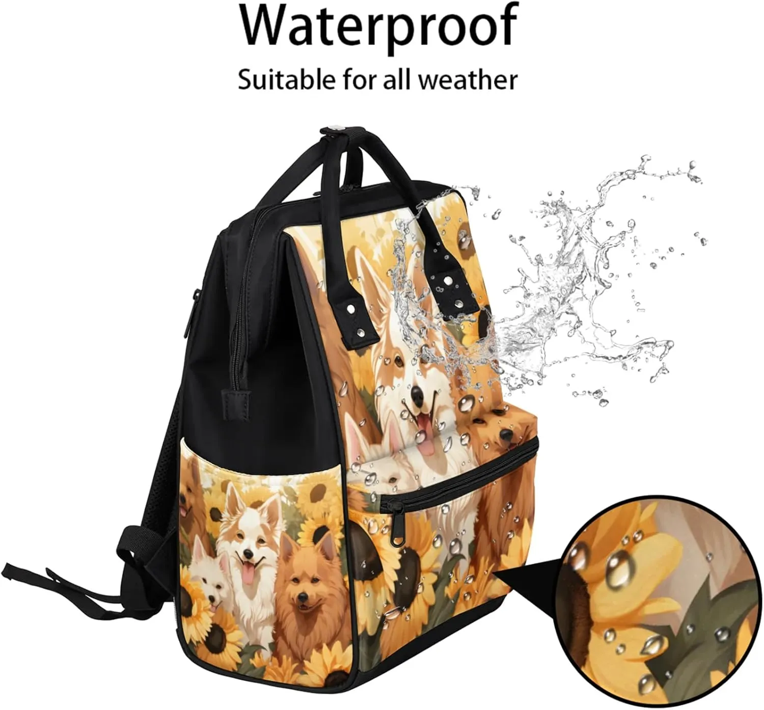 Tavisto Sunflower Pups Double Shoulder Mommy Bag for Women, Polyester Large Capacity Diaper Backpack with Multi Pockets, Waterproof Adjustable Straps Diaper Bag for Moms Dads, 11''×7''×15.7''