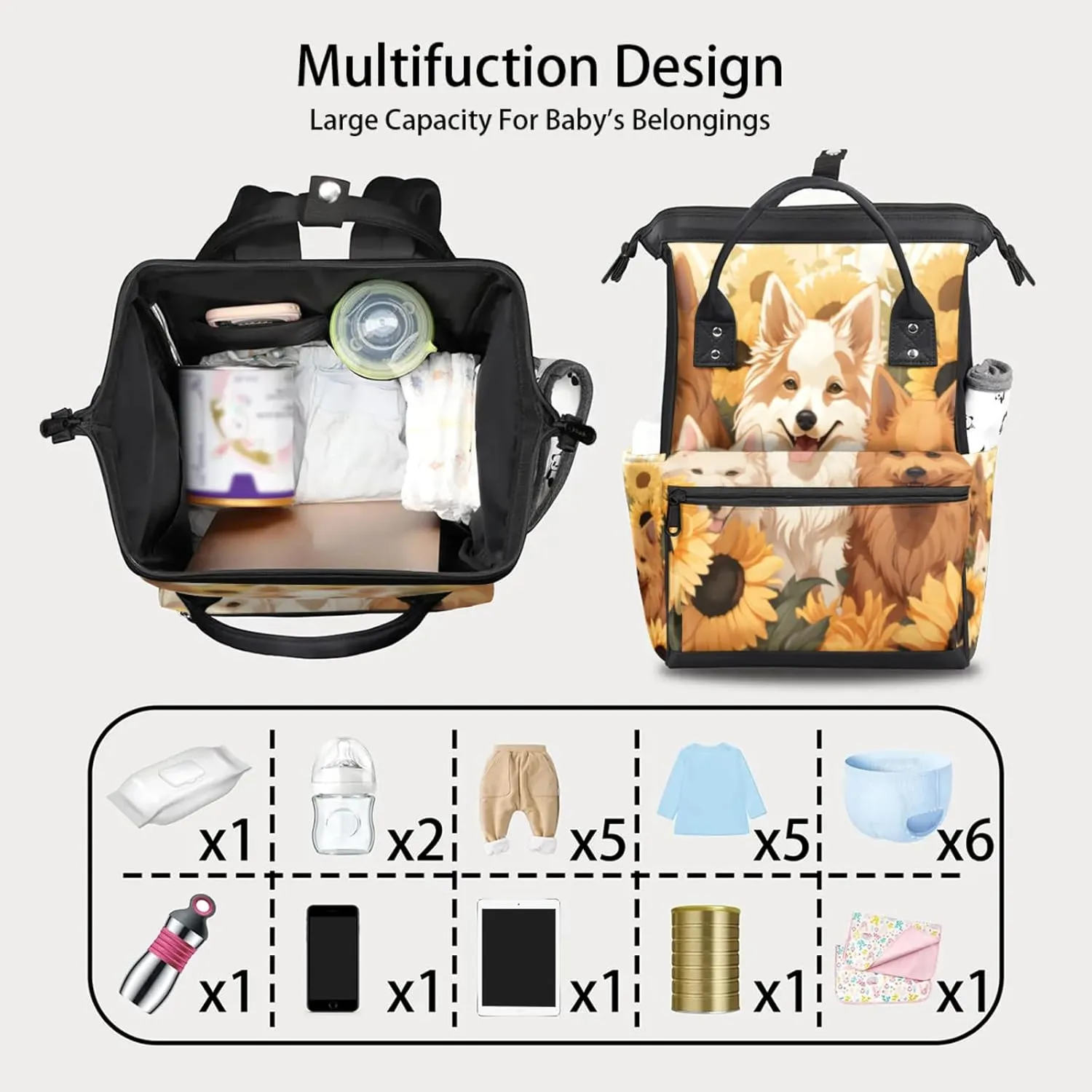 Tavisto Sunflower Pups Double Shoulder Mommy Bag for Women, Polyester Large Capacity Diaper Backpack with Multi Pockets, Waterproof Adjustable Straps Diaper Bag for Moms Dads, 11''×7''×15.7''