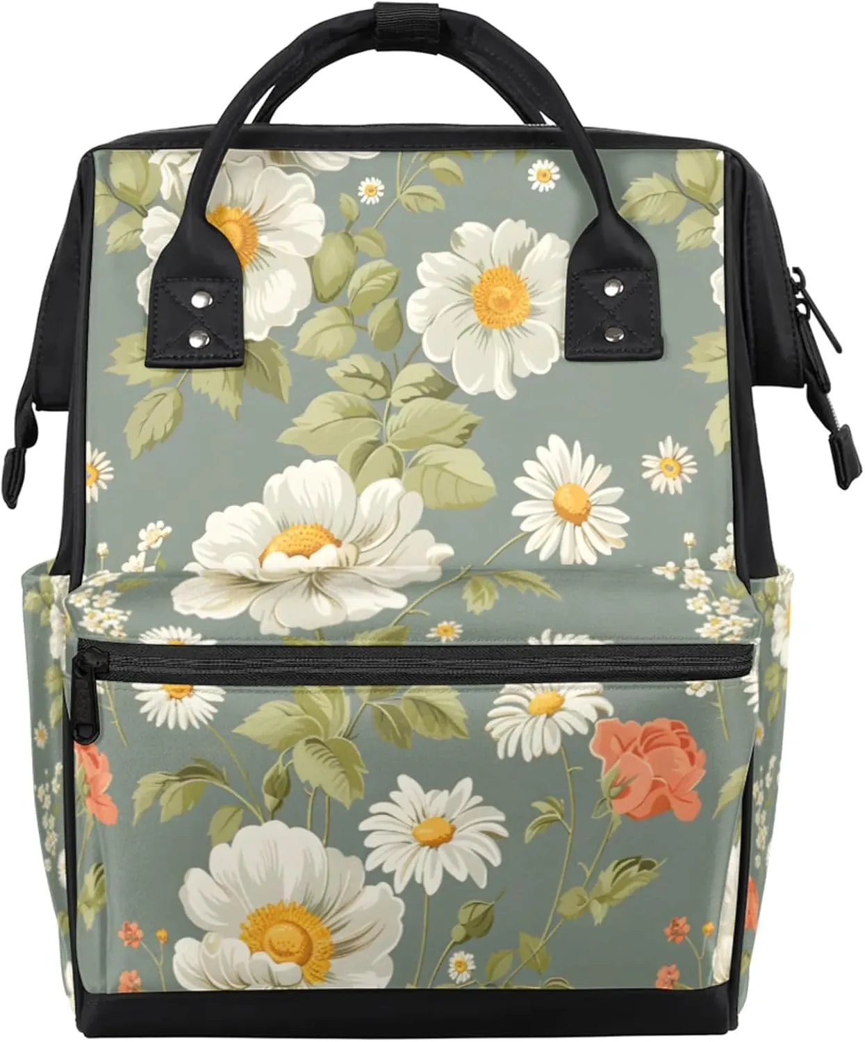 Tavisto Vintage Rose And Daisy Double Shoulder Mommy Bag for Women, Polyester Large Capacity Diaper Backpack with Multi Pockets, Waterproof Adjustable Straps Diaper Bag for Moms Dads, 11''×7''×15.7''