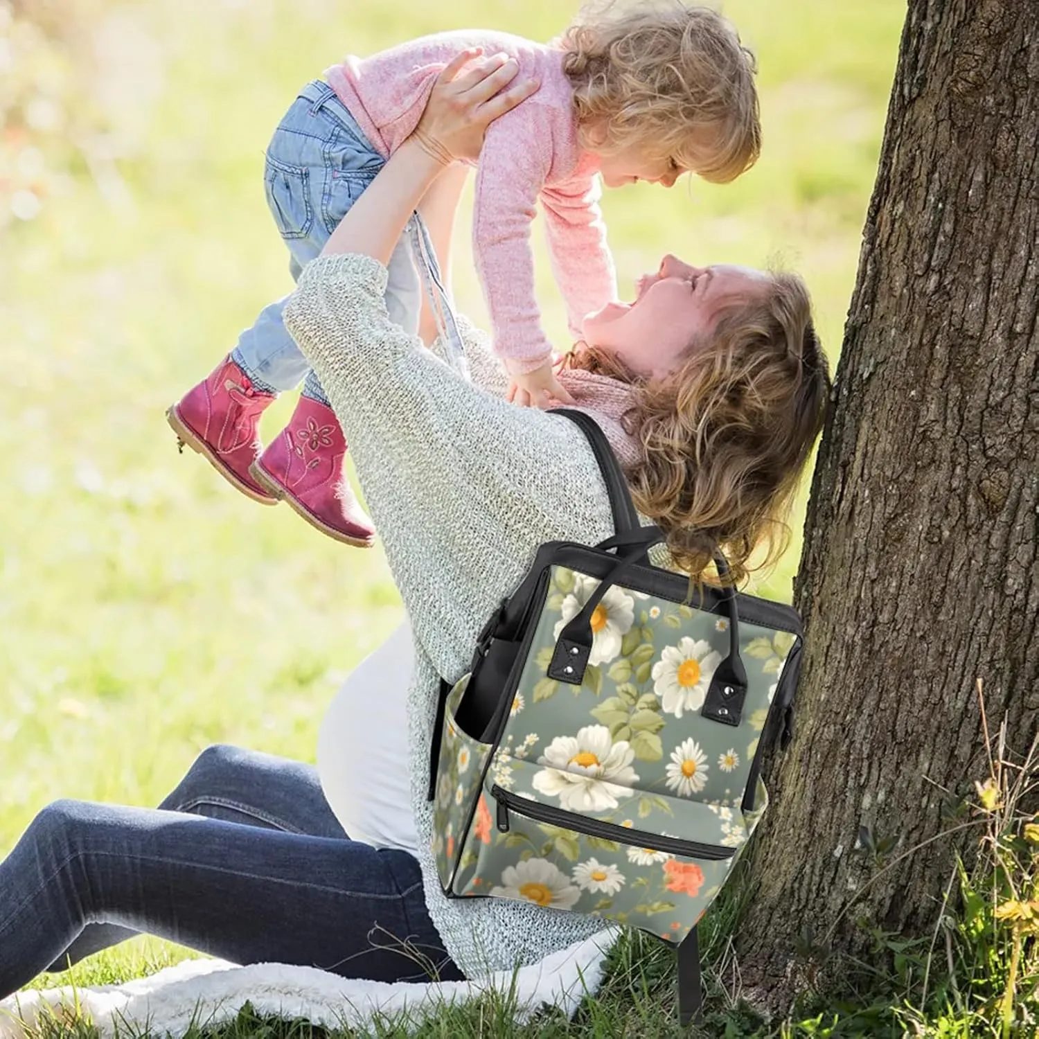 Tavisto Vintage Rose And Daisy Double Shoulder Mommy Bag for Women, Polyester Large Capacity Diaper Backpack with Multi Pockets, Waterproof Adjustable Straps Diaper Bag for Moms Dads, 11''×7''×15.7''