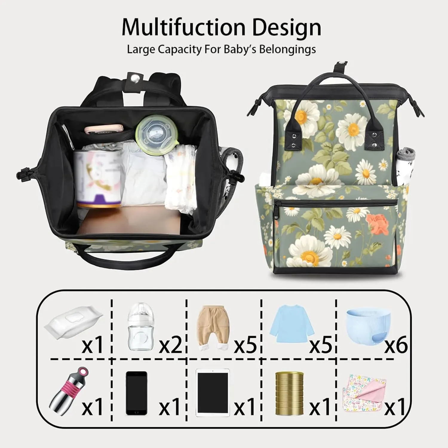 Tavisto Vintage Rose And Daisy Double Shoulder Mommy Bag for Women, Polyester Large Capacity Diaper Backpack with Multi Pockets, Waterproof Adjustable Straps Diaper Bag for Moms Dads, 11''×7''×15.7''