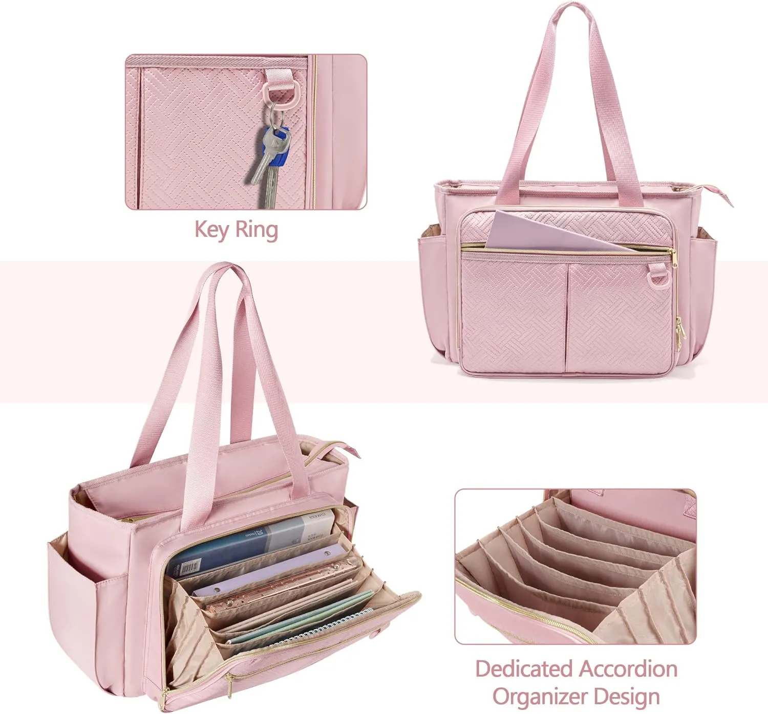 Teacher Tote Bag with Accordion File Organizer Pocket, Large Teacher Work Utility Bag for Women, Pink(Patent Design)