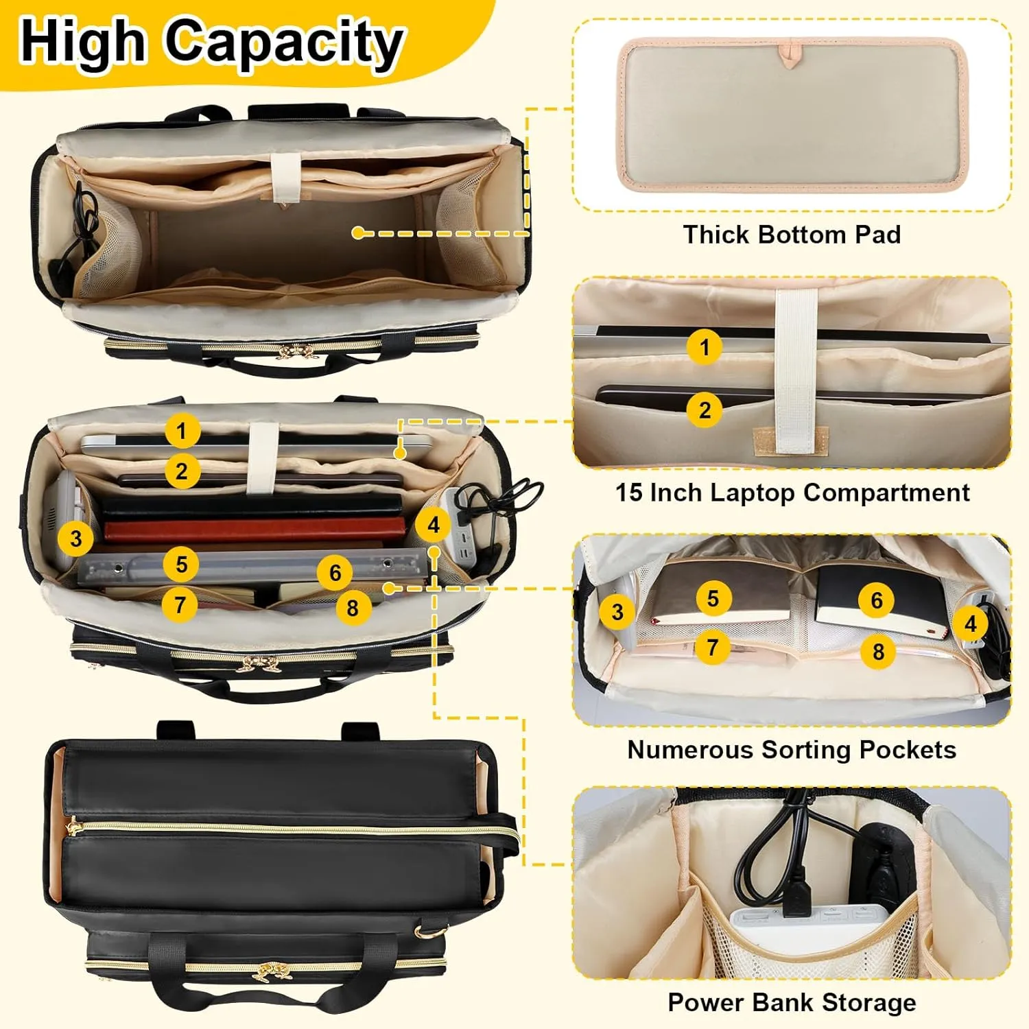 Teacher Tote Bag with Accordion File Organizer Pocket, Soft Nylon Utility Bag with 15.6 inch Laptop Compartment & USB Port, Large Work Tote Bag for Office Supplies Women (Black)