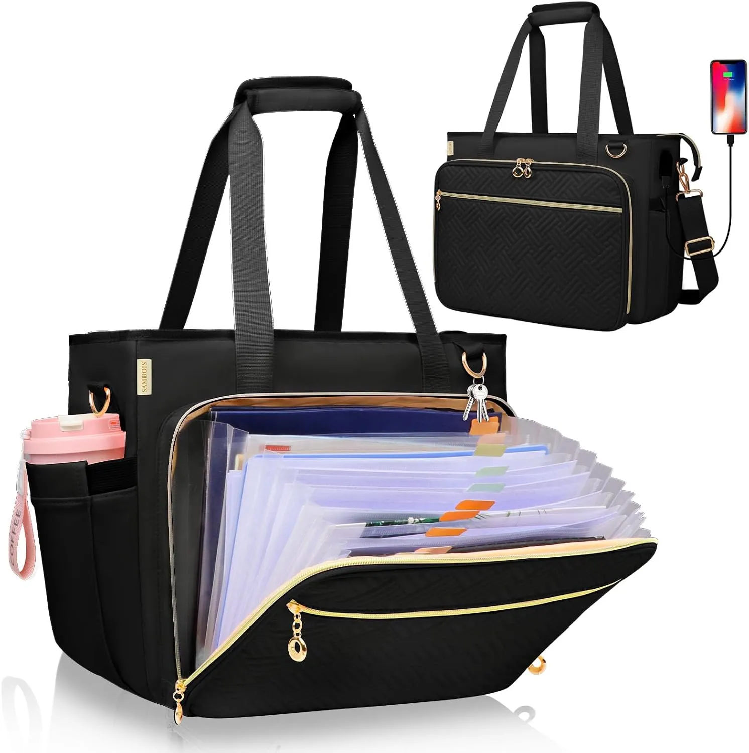 Teacher Tote Bag with Accordion File Organizer Pocket, Soft Nylon Utility Bag with 15.6 inch Laptop Compartment & USB Port, Large Work Tote Bag for Office Supplies Women (Black)