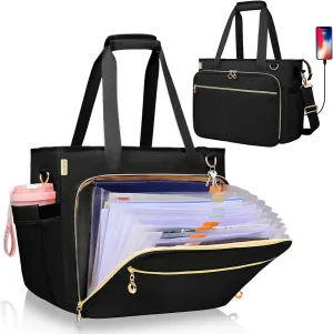 Teacher Tote Bag with Accordion File Organizer Pocket, Soft Nylon Utility Bag with 15.6 inch Laptop Compartment & USB Port, Large Work Tote Bag for Office Supplies Women (Black)