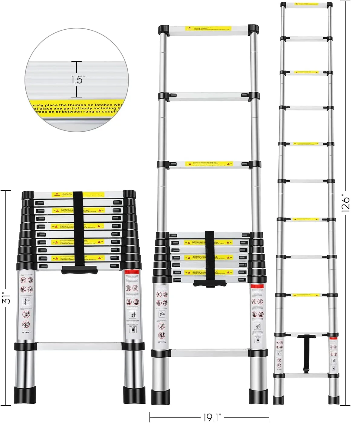 Telescoping Ladder, 10.5FT Aluminum Extension Ladder with 2 Replacement of Non-Slip Rubber Cover, 330 lb. Load Capacity, Telescopic Ladder Portable Multi-Purpose for Indoor Outdoor Work