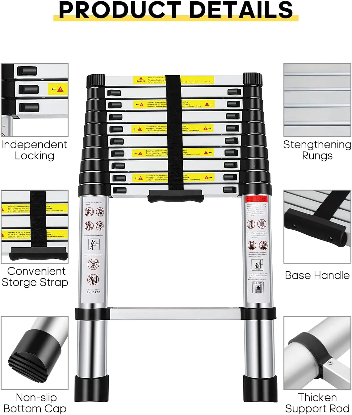 Telescoping Ladder, 10.5FT Aluminum Extension Ladder with 2 Replacement of Non-Slip Rubber Cover, 330 lb. Load Capacity, Telescopic Ladder Portable Multi-Purpose for Indoor Outdoor Work