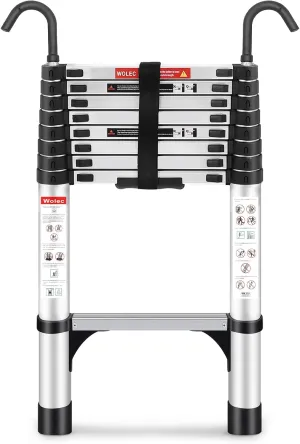 Telescoping Ladder, 8.5FT Aluminum Lightweight Portable Telescopic Ladder with Hook, Stabilizers & Wheels, Heavy Duty 330lbs Max Capacity, Extension Ladder for Roofs, RVs, Outdoor-Sliver