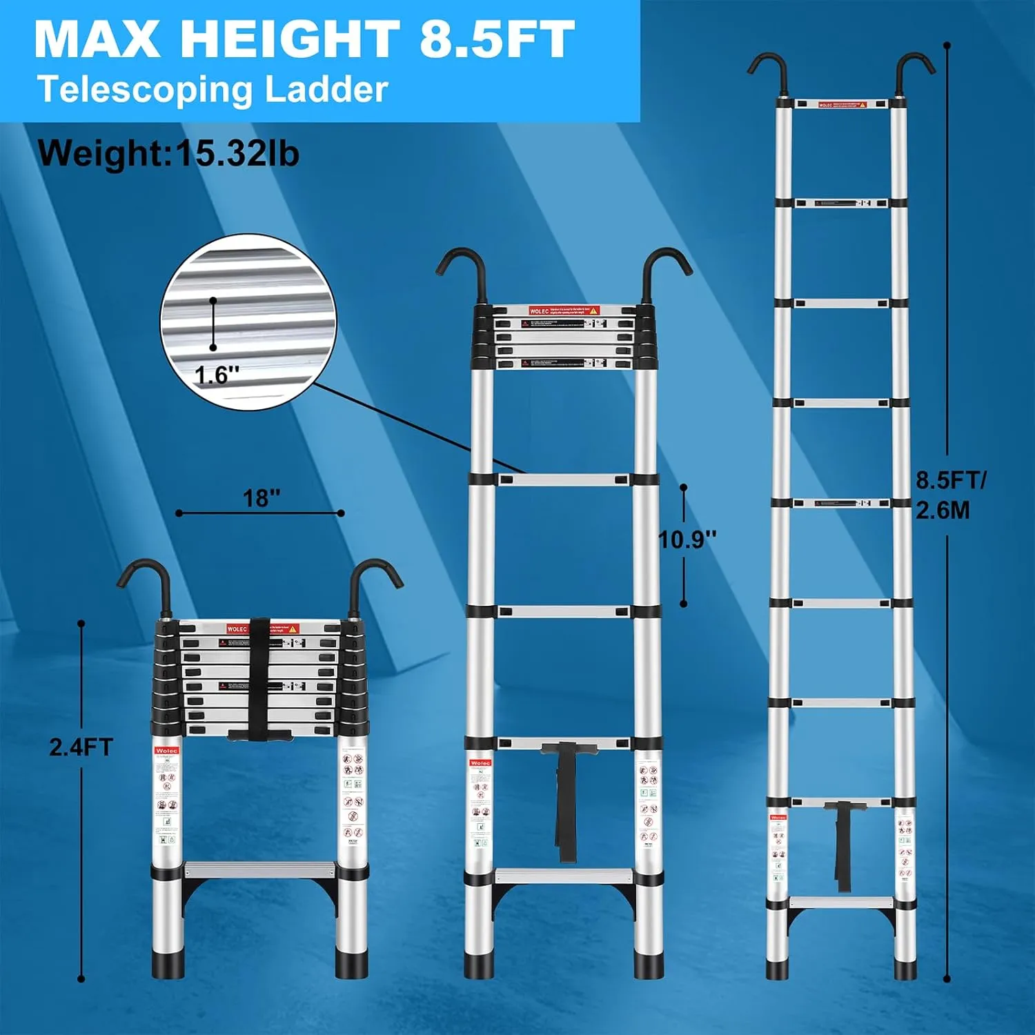 Telescoping Ladder, 8.5FT Aluminum Lightweight Portable Telescopic Ladder with Hook, Stabilizers & Wheels, Heavy Duty 330lbs Max Capacity, Extension Ladder for Roofs, RVs, Outdoor-Sliver