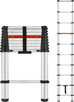 Telescoping Ladder, 9.8 FT Aluminum One-Button Retraction Collapsible Extension Ladder, Soft Close Design, 250lb Capacity with Non-Slip Feet, Multi-Purpose Compact Ladder for Home, RV, Loft