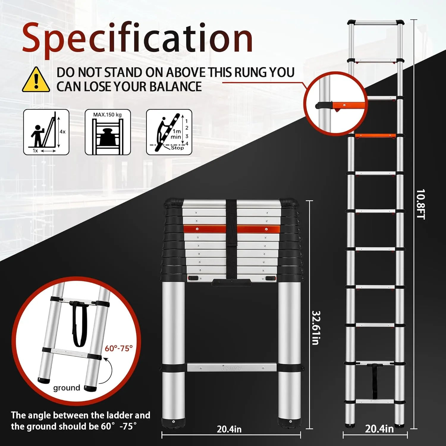Telescoping Ladder, 9.8 FT Aluminum One-Button Retraction Collapsible Extension Ladder, Soft Close Design, 250lb Capacity with Non-Slip Feet, Multi-Purpose Compact Ladder for Home, RV, Loft