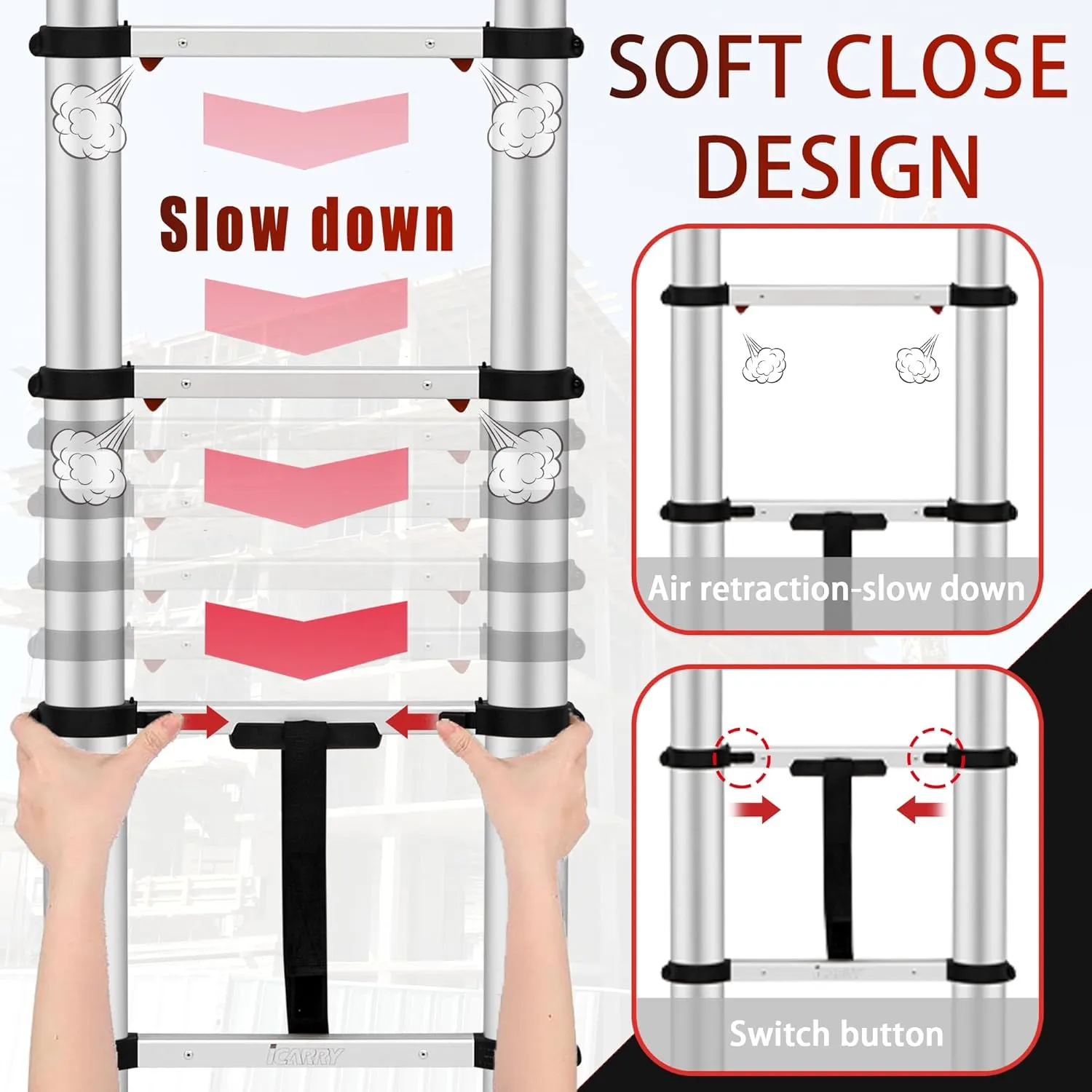 Telescoping Ladder, 9.8 FT Aluminum One-Button Retraction Collapsible Extension Ladder, Soft Close Design, 250lb Capacity with Non-Slip Feet, Multi-Purpose Compact Ladder for Home, RV, Loft