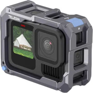 TELESIN Upgraded Aluminum Protective Frame Housing for Hero 13 12 11 10 9, Camera Cage with 1/4" Thread & Cold Shoe for Light Microphone, Supports Go Pro 13 Quick-Release System & Magnetic Charging