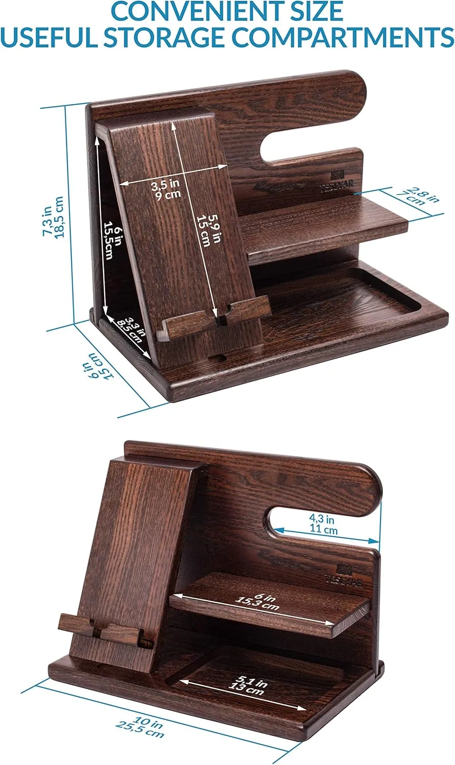 TESLYAR Wood Phone Docking Station for Men - Desk or Nightstand Organizer - Birthday Gifts for Husband or Dad - Anniversary Idea from Wife - Key Holder, Stand Wallet, Watch & Essentials (Brown)