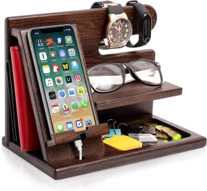 TESLYAR Wood Phone Docking Station for Men - Desk or Nightstand Organizer - Birthday Gifts for Husband or Dad - Anniversary Idea from Wife - Key Holder, Stand Wallet, Watch & Essentials (Brown)