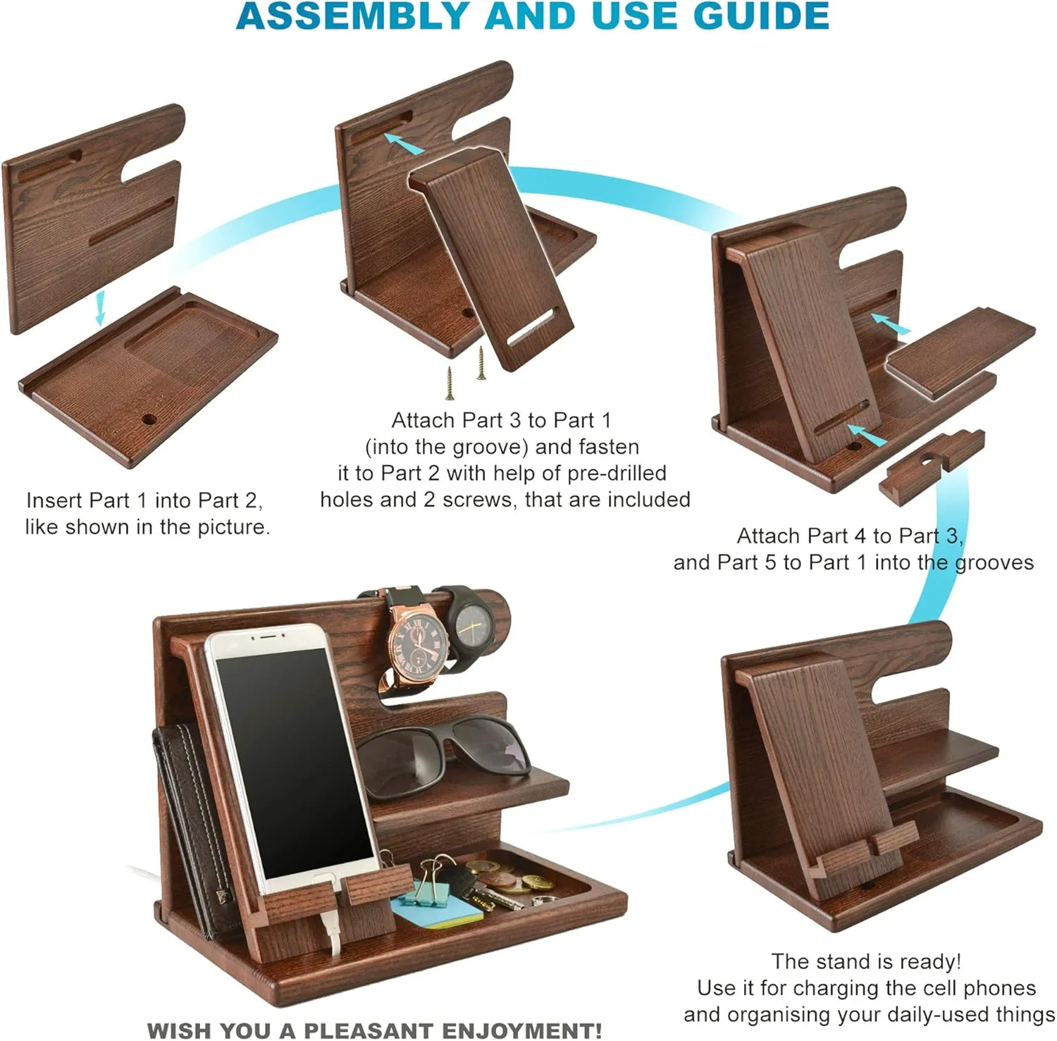TESLYAR Wood Phone Docking Station for Men - Desk or Nightstand Organizer - Birthday Gifts for Husband or Dad - Anniversary Idea from Wife - Key Holder, Stand Wallet, Watch & Essentials (Brown)