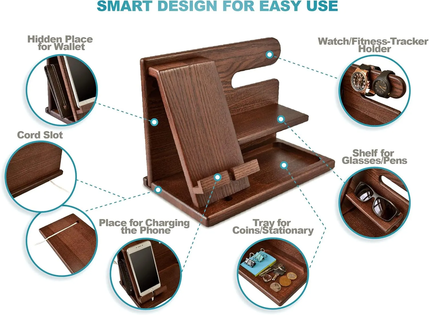 TESLYAR Wood Phone Docking Station for Men - Desk or Nightstand Organizer - Birthday Gifts for Husband or Dad - Anniversary Idea from Wife - Key Holder, Stand Wallet, Watch & Essentials (Brown)