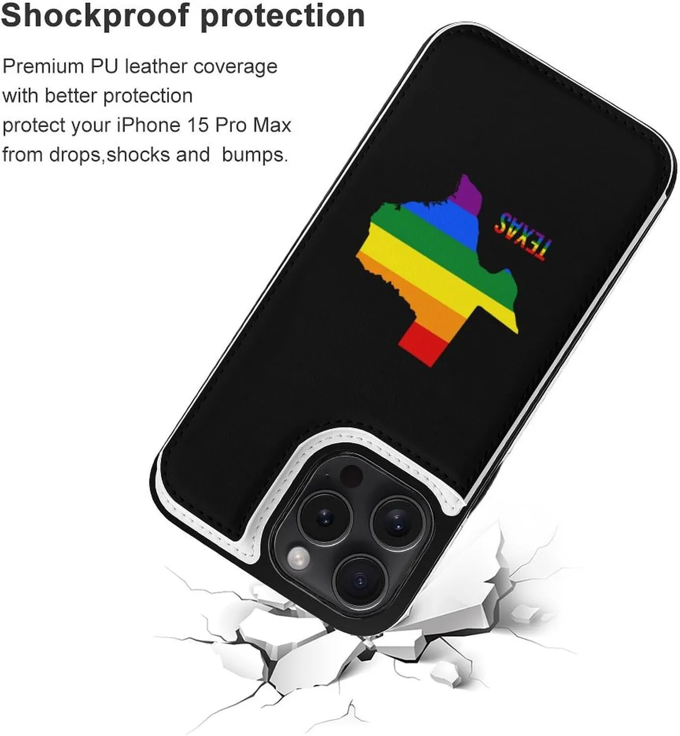 Texas State Map in LGBT Rainbow Flag Wallet Mobilephone Case Protective Phone Case Shockproof Phone Cover Shell Compatible with iPhone 15 iPhone 15 Plus iPhone 15 Pro iPhone 15 Pro Max