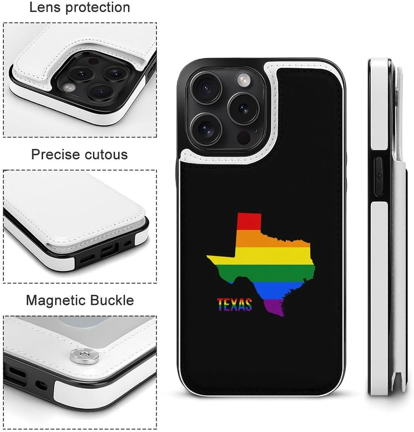 Texas State Map in LGBT Rainbow Flag Wallet Mobilephone Case Protective Phone Case Shockproof Phone Cover Shell Compatible with iPhone 15 iPhone 15 Plus iPhone 15 Pro iPhone 15 Pro Max