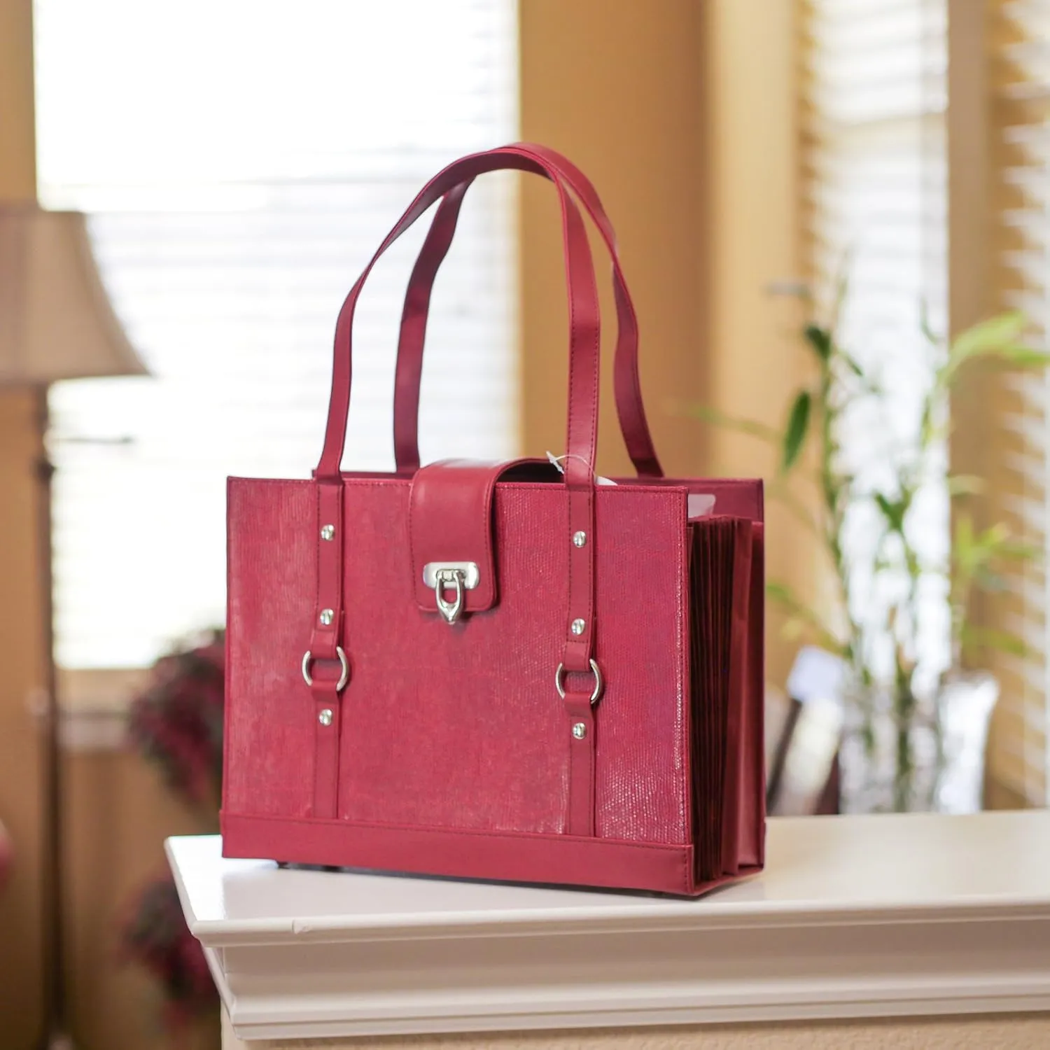 Texture Faux Leather File Organizer Tote - (Red)