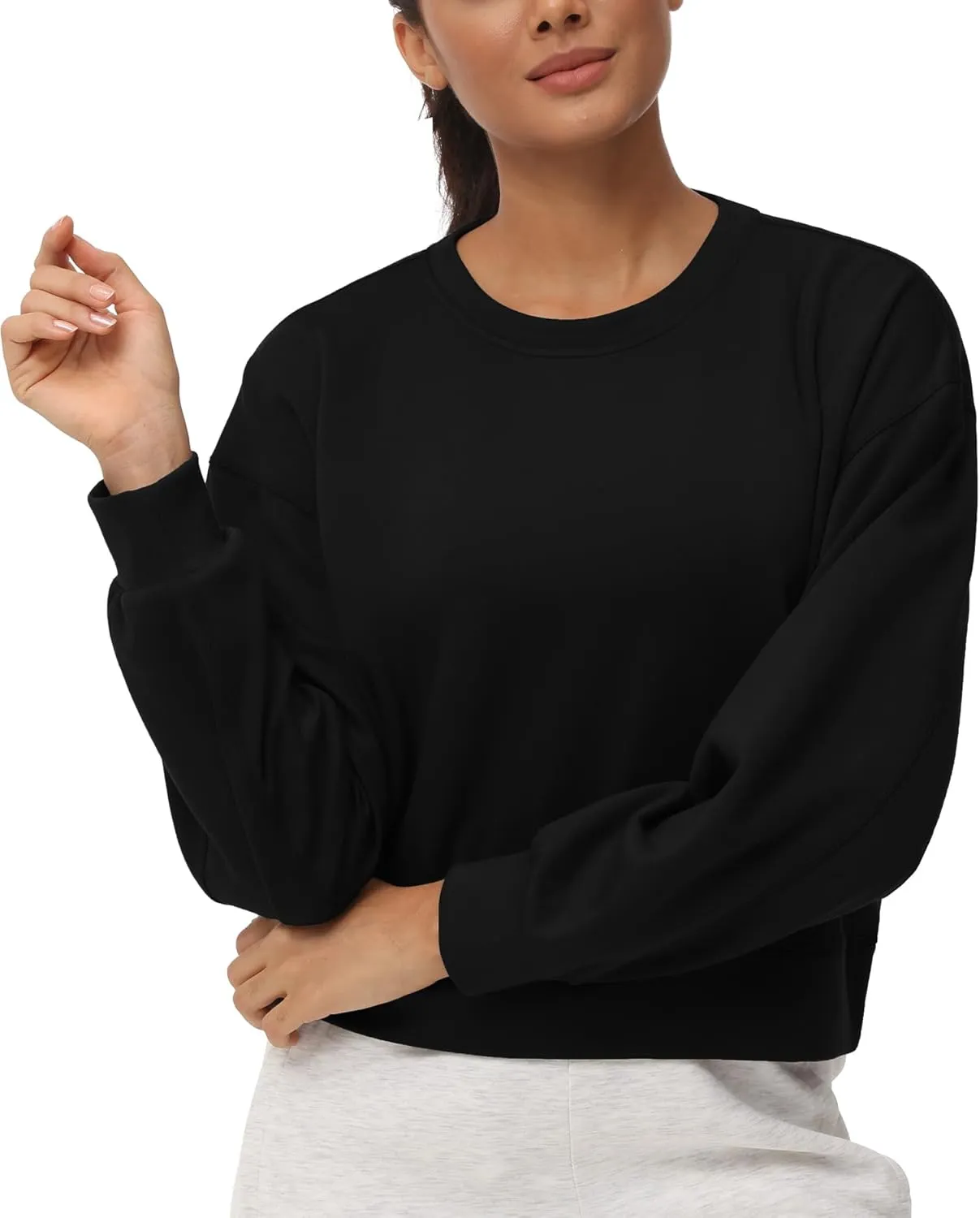 THE GYM PEOPLE Women's Crewneck Cropped Pullover Sweatshirt Cute Basic Long Sleeves Workout Tops