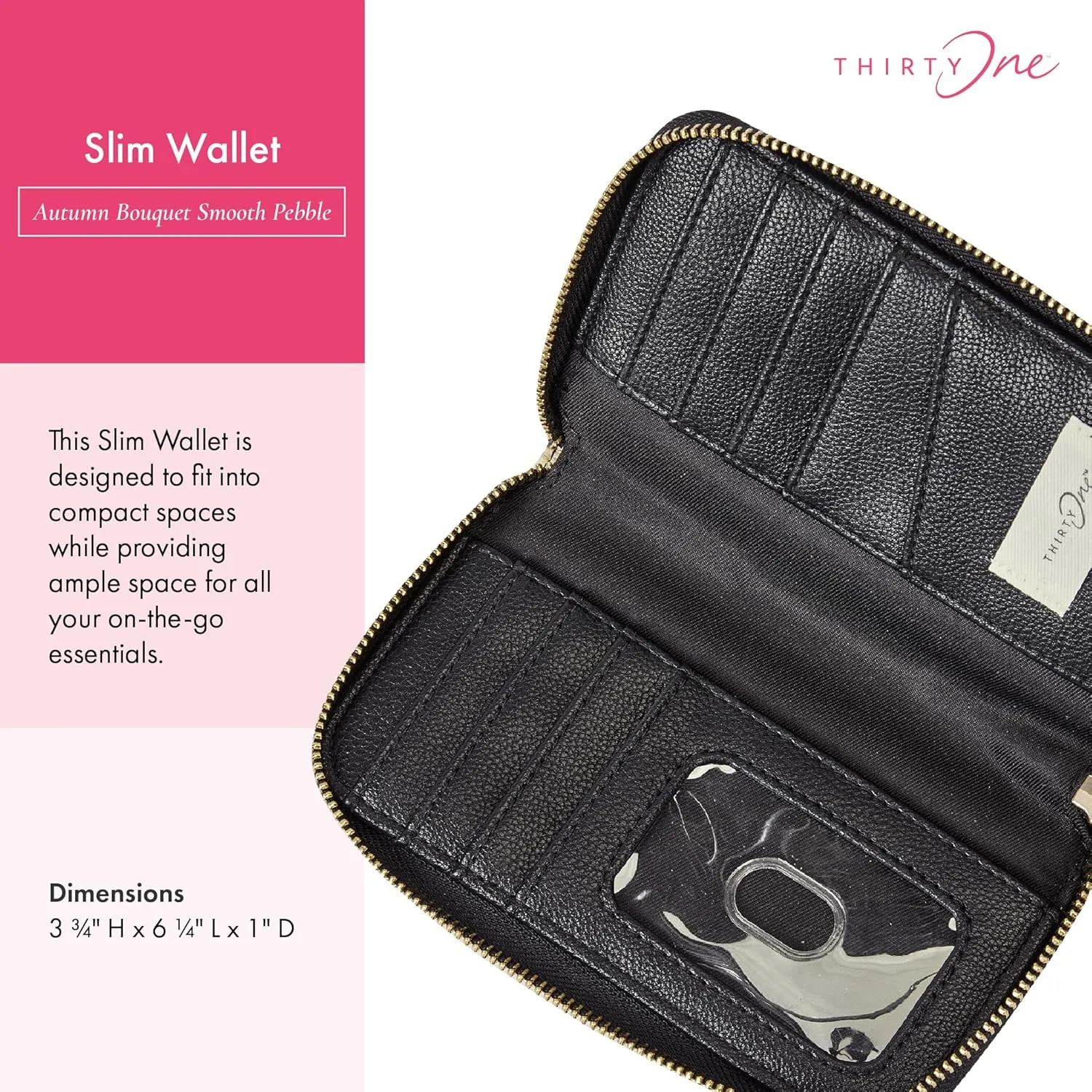 THIRTY-ONE Gifts Slim Wallet, Small Clutch Wallet for Women, Phone-Holder Wallet with Card and Bill Slots, Autumn Bouquet Smooth Pebble