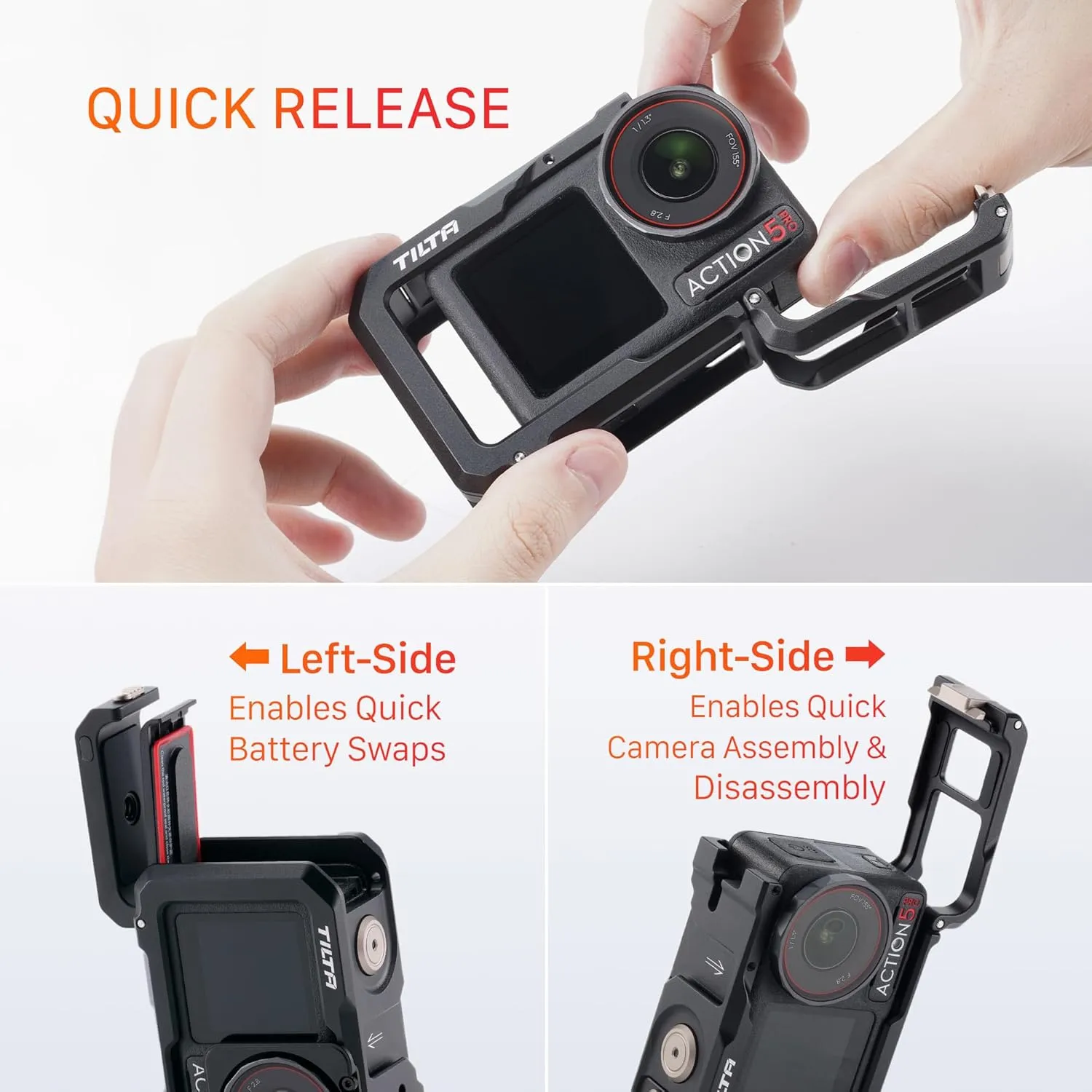 Tilta Full Camera Cage Base Kit Compatible with DJI Osmo Action 3, Action 4, Action 5 Pro (Titanium Gray) | Magnetic 1/4″-20 Baseplate | Cold Shoe Mounts | Magnetic Mount Design | Shock-Absorbing