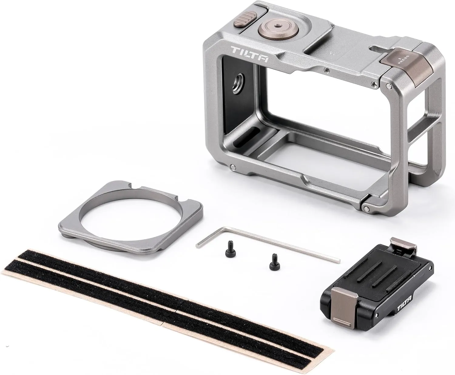 Tilta Full Camera Cage Base Kit Compatible with DJI Osmo Action 3, Action 4, Action 5 Pro (Titanium Gray) | Magnetic 1/4″-20 Baseplate | Cold Shoe Mounts | Magnetic Mount Design | Shock-Absorbing