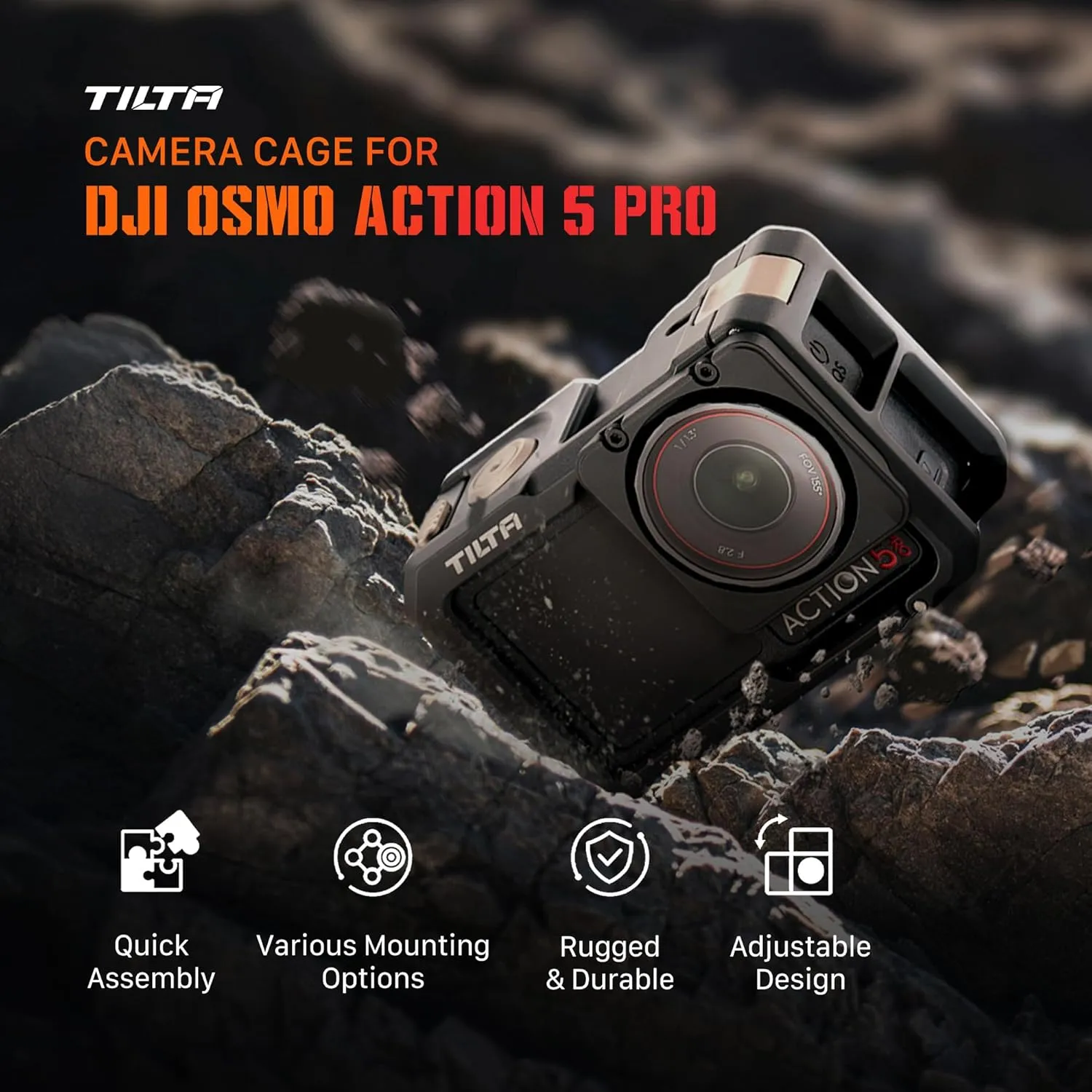 Tilta Full Camera Cage Compatible with DJI Osmo Action 3, Action 4 & Action 5 Pro (Black) | Magnesium-Aluminum Frame | Cold Shoe & 1/4"-20 Mounts | Magnetic Filter Support | Shock-Absorbing Pads