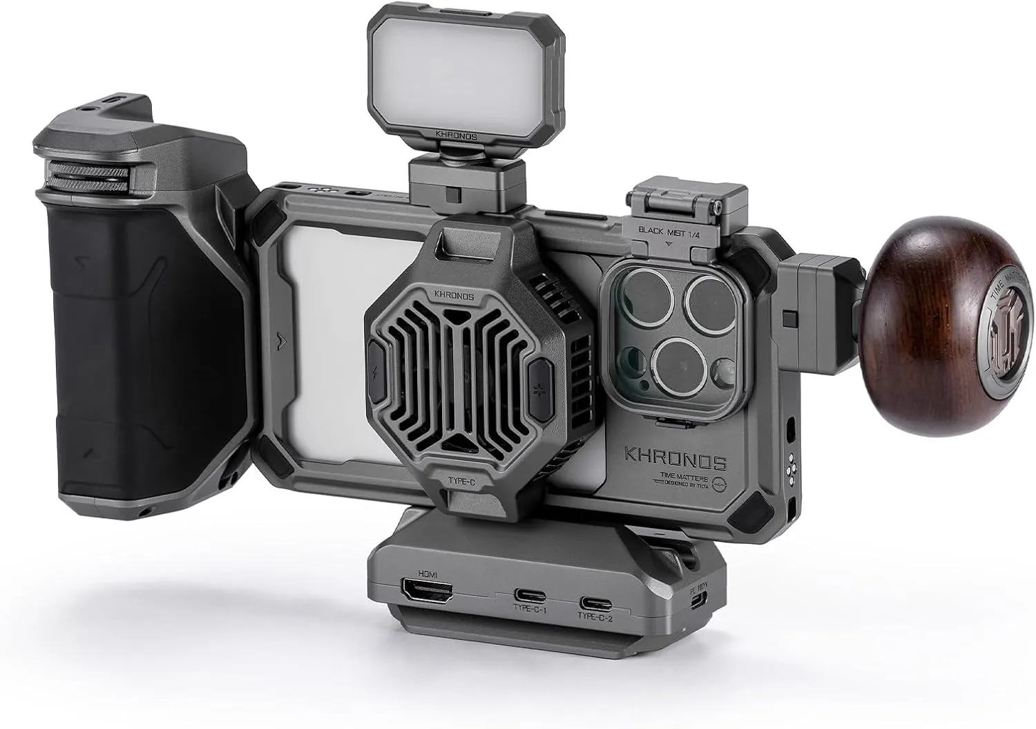 Tilta Khronos Ultimate Kit Compatible with iPhone 15 Pro | Cooling System/LED Light/Wooden & PD Focus Handle/SSD Holder Included | TK-IP15-PD-SG (Space Gray, Pro)