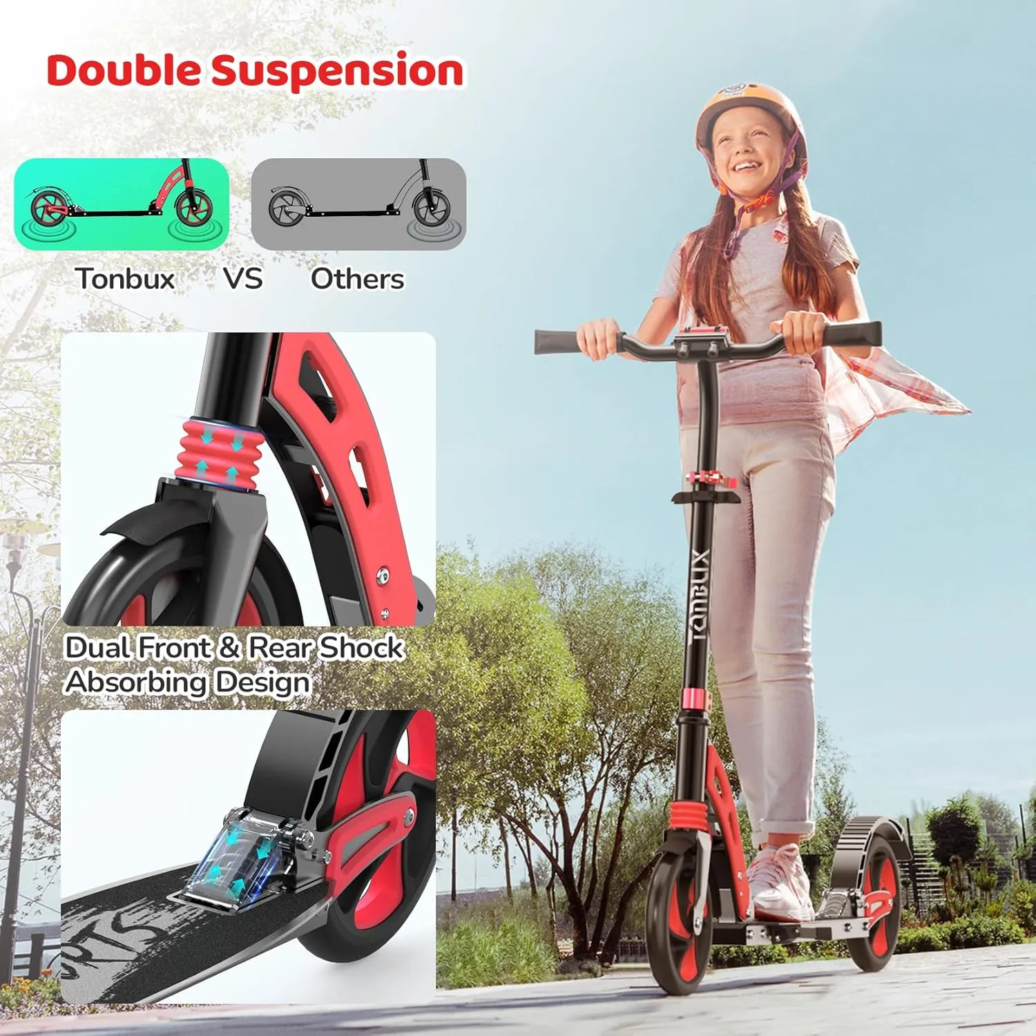TONBUX Kick Scooter for Ages 6 , Dual Suspension Kids Scooter with Lightweight Aluminum Frame, Adjustable Handlebar Scooters for Kids, Teens and Adults