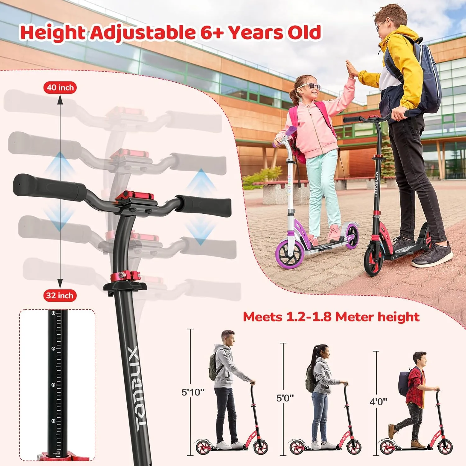TONBUX Kick Scooter for Ages 6 , Dual Suspension Kids Scooter with Lightweight Aluminum Frame, Adjustable Handlebar Scooters for Kids, Teens and Adults
