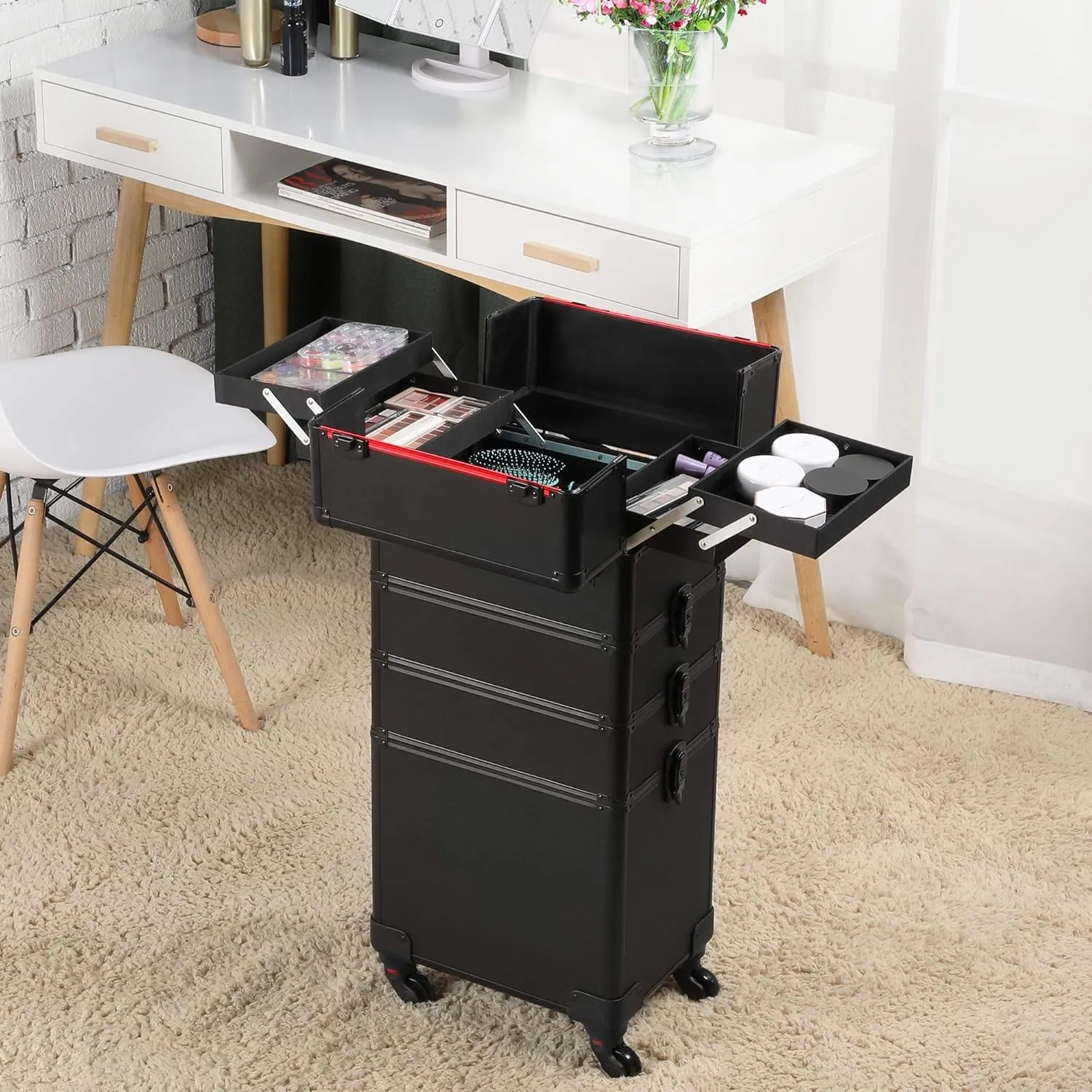 Topeakmart Rolling Makeup Case Large, 4 in 1 Professional Makeup Train Case, Cosmetic Storage Organizer Cosmetic Travel Case with Folding Trays, Wheels and Aluminum Frame, Black