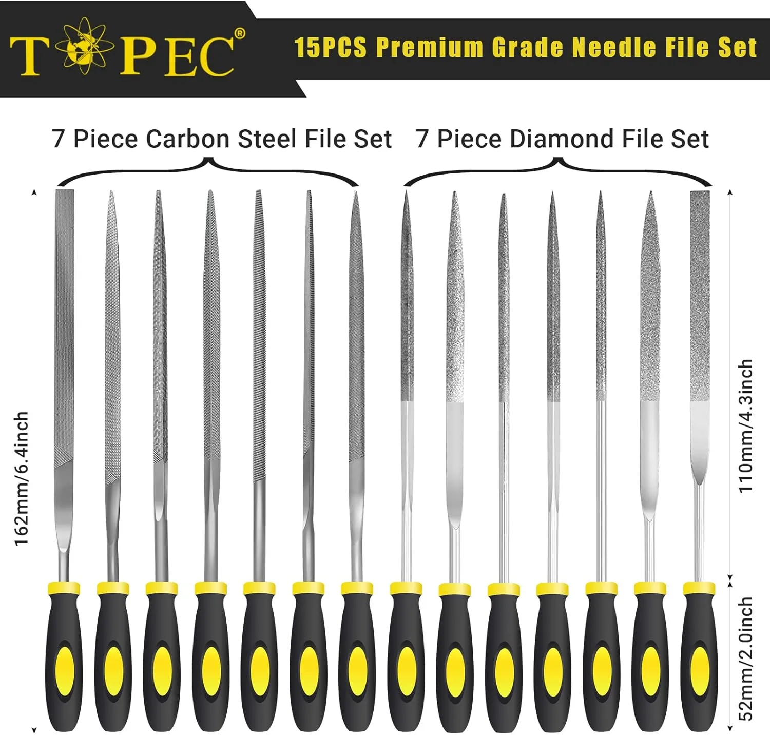 Topec Small File Set, Needle Diamond Files 15PCS, 7pcs Jewlers Files & 7pcs Steel Files with Metal Brush and Storage Bag，for Precision Metal File Work, Wood, Jewelry, Plastic, DIY Carving Tool Kit