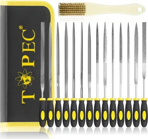 Topec Small File Set, Needle Diamond Files 15PCS, 7pcs Jewlers Files & 7pcs Steel Files with Metal Brush and Storage Bag，for Precision Metal File Work, Wood, Jewelry, Plastic, DIY Carving Tool Kit