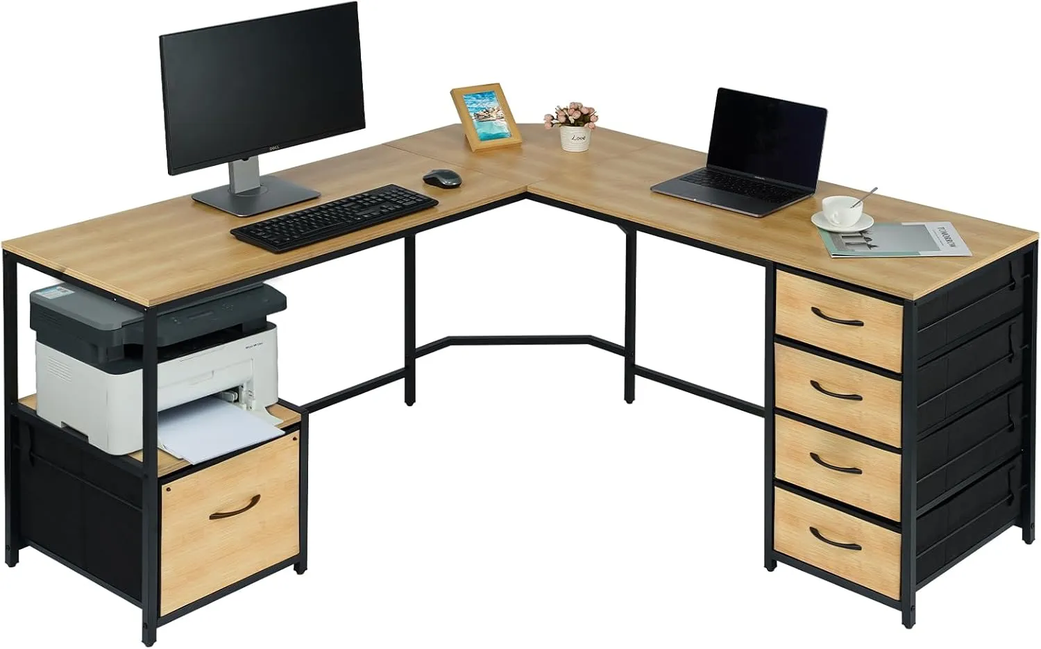 TOPSKY L-Shaped Desk Corner Computer Desk with 18.9" Depth Workstation, Cloth File Cabinet for Letter Size File Folder and 4 Cloth Storage Cabinets (Bamboo, 59 * 59 inch)
