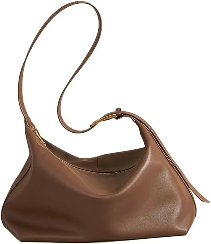 Tote Bag with Zipper, Casual Hobo Bag, CrossBody Purse for Women Trendy, Leather Shoulder Bag with Adjustable Strap - Brown