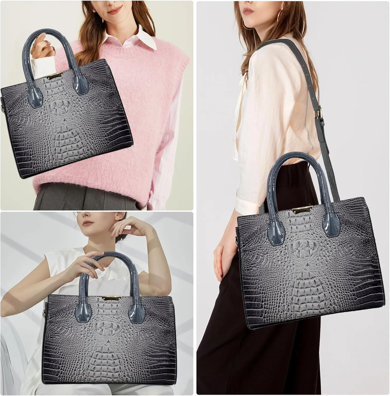 Tote Top-handle Handbags Patent PU Leather Women Purse Satchel Crocodile Pattern Shoulder Crossbody Bag 3 Pcs Set