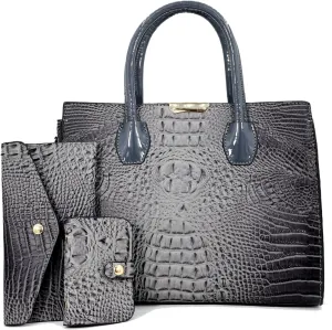 Tote Top-handle Handbags Patent PU Leather Women Purse Satchel Crocodile Pattern Shoulder Crossbody Bag 3 Pcs Set