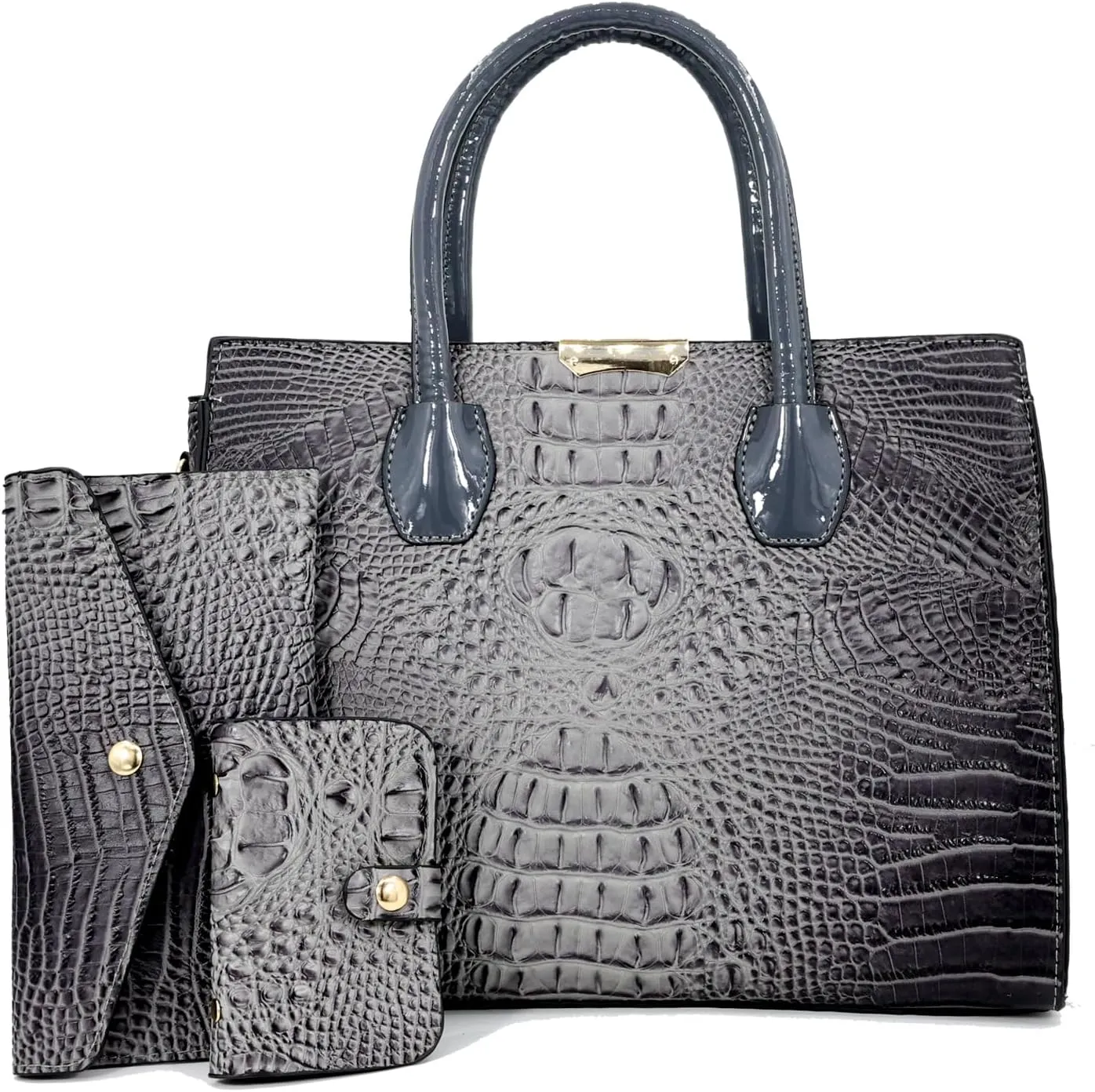 Tote Top-handle Handbags Patent PU Leather Women Purse Satchel Crocodile Pattern Shoulder Crossbody Bag 3 Pcs Set
