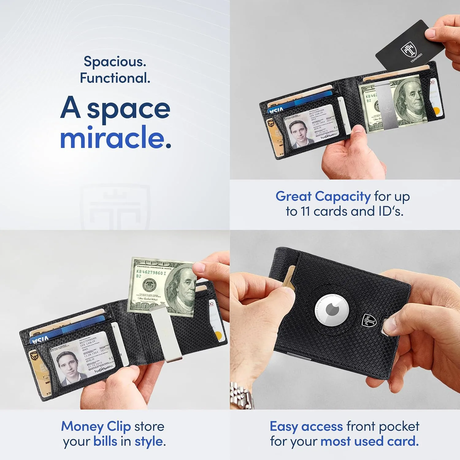 TRAVANDO AirTag* Wallet Mens Wallet with Money Clip Air Tag Wallet Card Holder RFID Blocking Bifold Gifts for Men