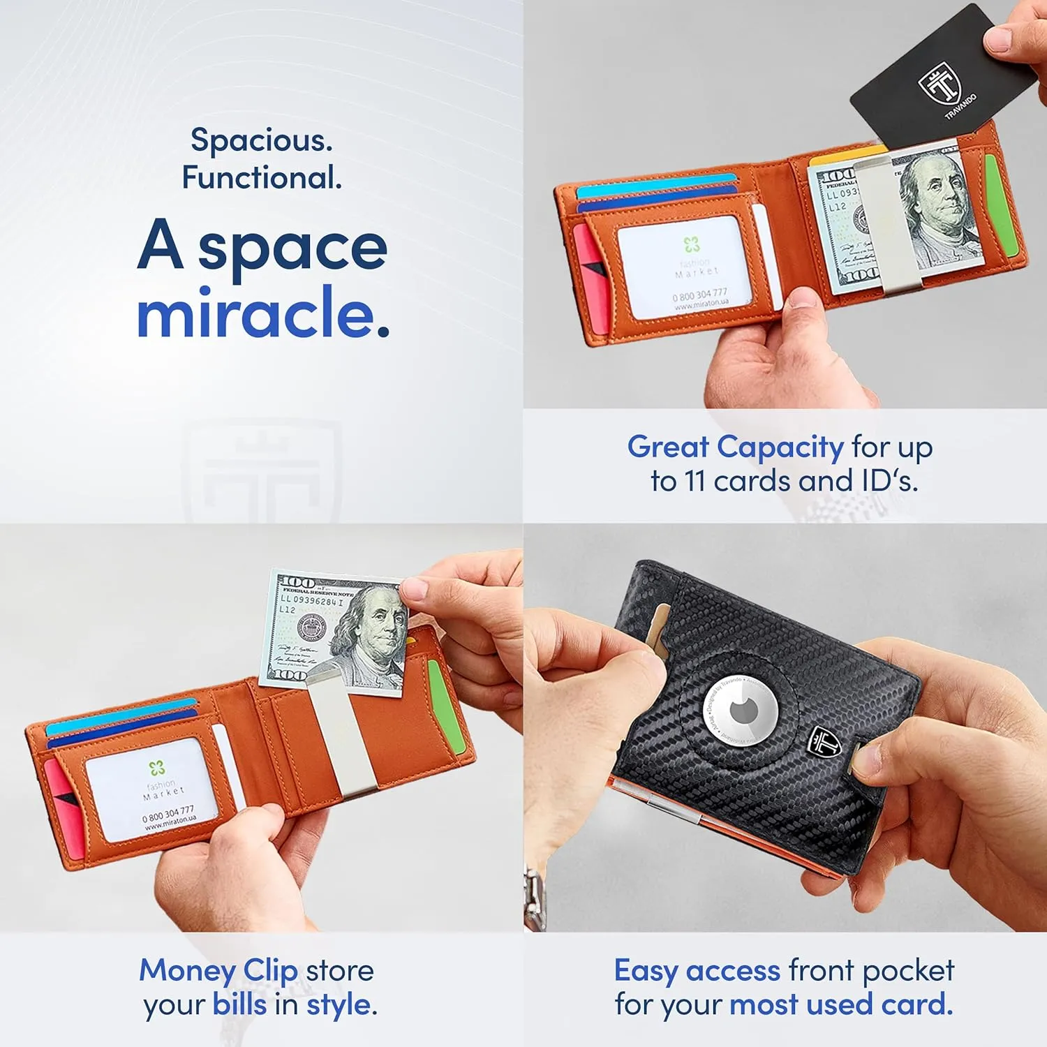 TRAVANDO AirTag* Wallet Mens Wallet with Money Clip Air Tag Wallet Card Holder RFID Blocking Bifold Gifts for Men