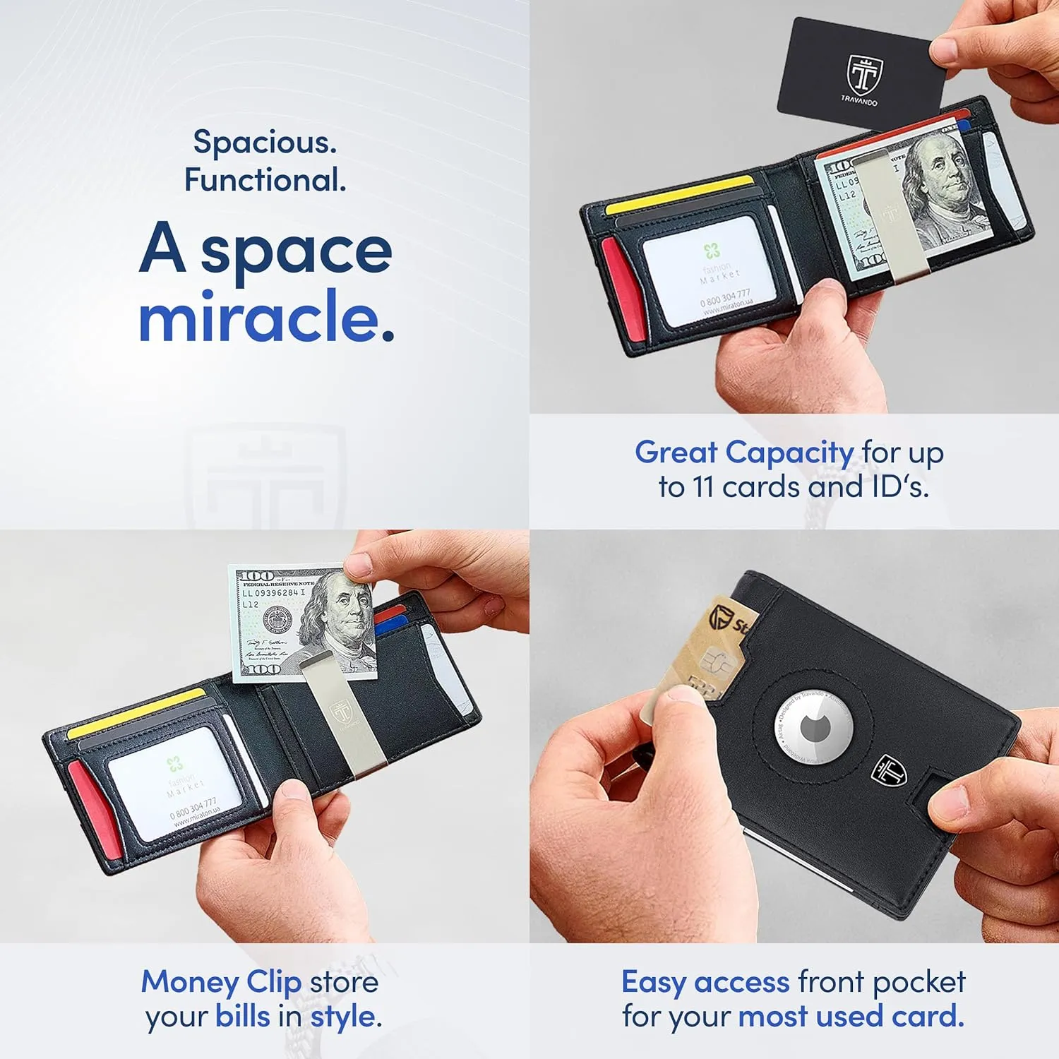 TRAVANDO AirTag* Wallet Mens Wallet with Money Clip Air Tag Wallet Card Holder RFID Blocking Bifold Gifts for Men