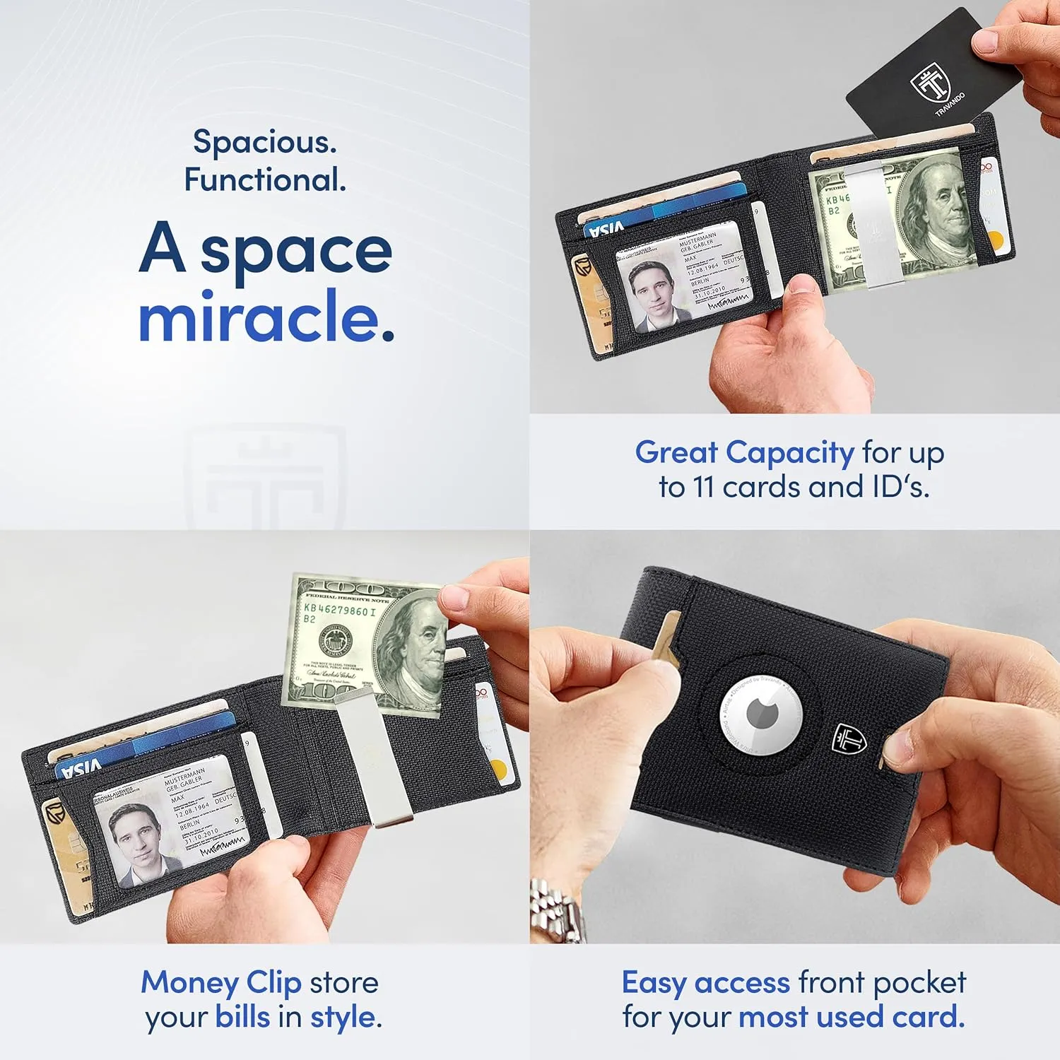 TRAVANDO AirTag* Wallet Mens Wallet with Money Clip Air Tag Wallet Card Holder RFID Blocking Bifold Gifts for Men